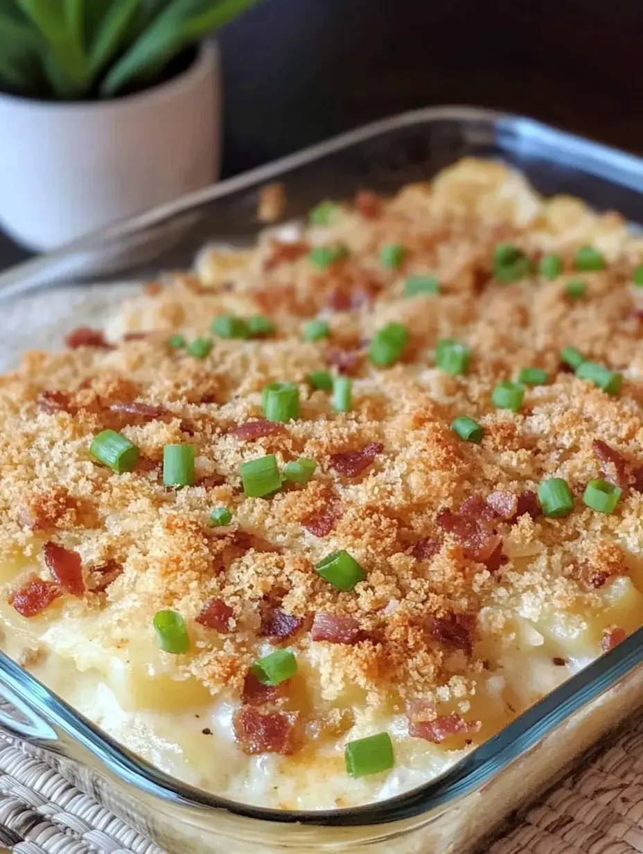 Uma travessa de vidro cheia de batatas cremosas assadas cobertas com pedacinhos de bacon crocante e cebolinha picada, colocada sobre um jogo americano trançado ao lado de uma pequena planta em vaso.
