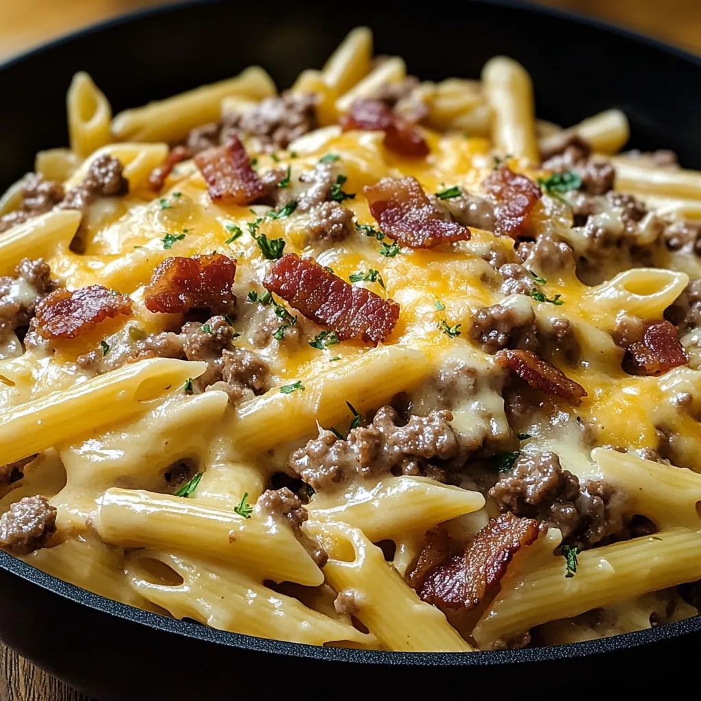 Macarrão Alfredo Cremoso com Bacon e Cheeseburger