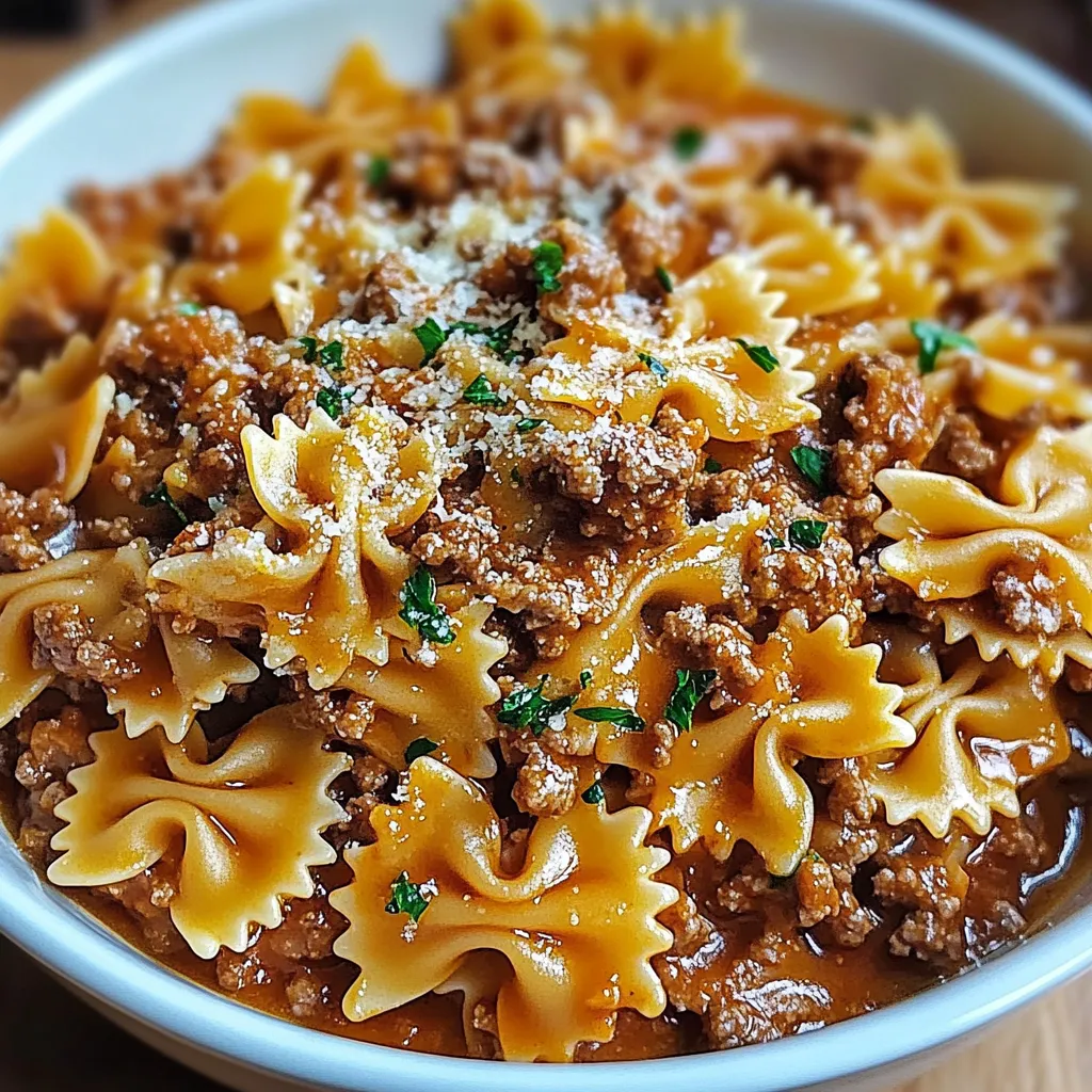 Massa em Laços com Carne Moída e Manteiga de Alho