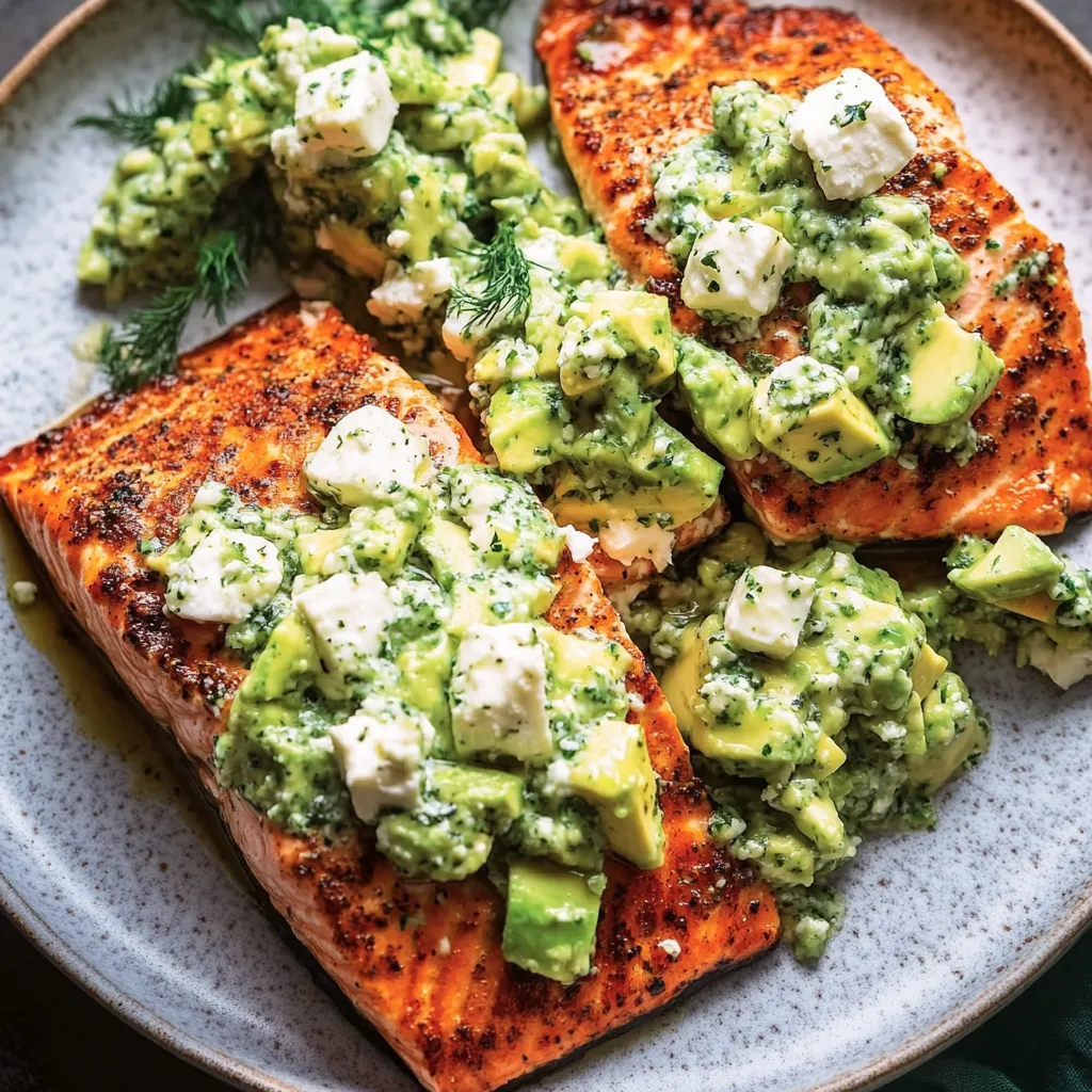 Salmão assado com abacate e feta
