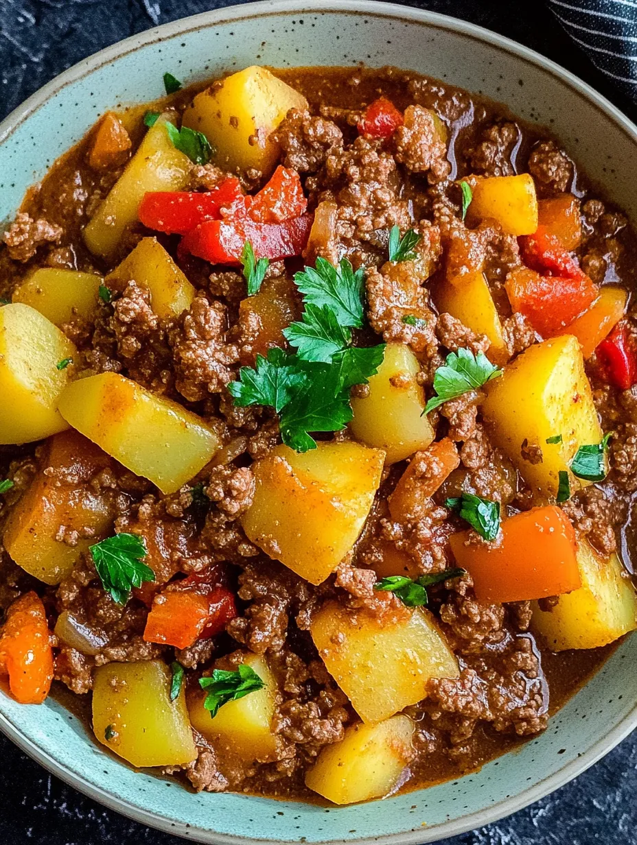 Cozido camponês saboroso com carne moída e batatas