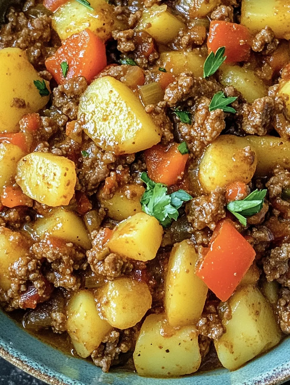 Ensopado substancioso: carne moída, batatas e vegetais