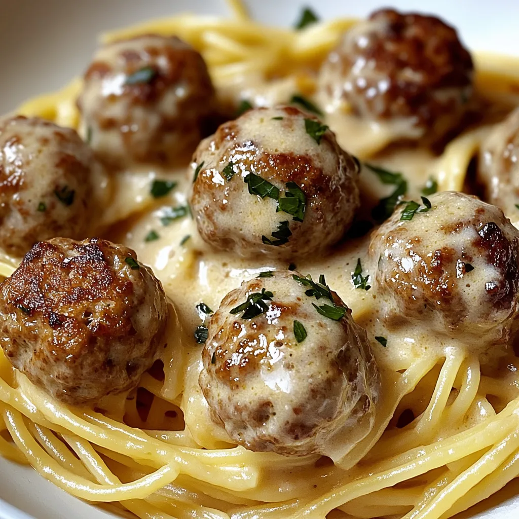 Almôndegas na manteiga de alho servidas sobre linguine cremoso ao parmesão