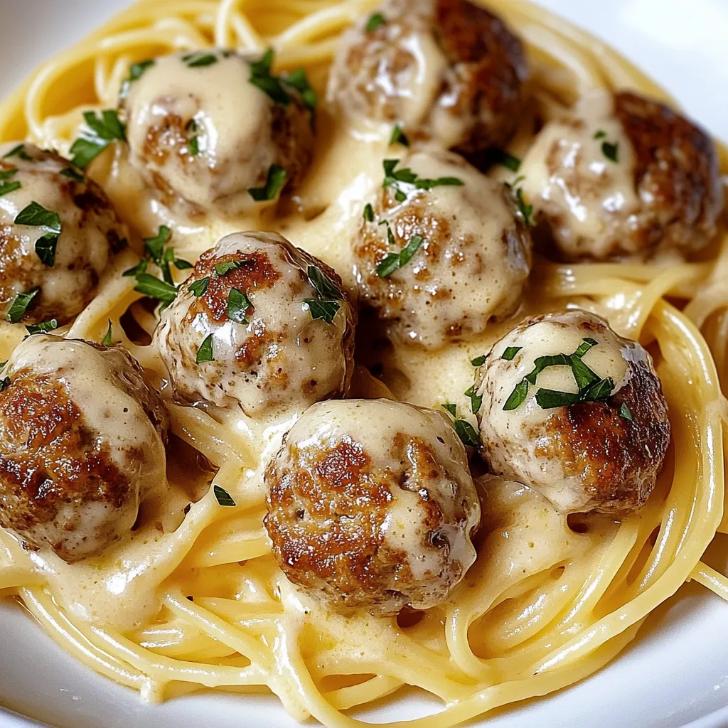 Simples Almôndegas na manteiga de alho servidas sobre linguine cremoso ao parmesão