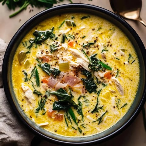 Um close de uma sopa cremosa com frango, espinafre e vegetais variados em uma tigela escura.