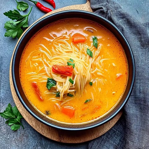 Uma tigela com sopa de cor laranja cremosa, macarrão fino, pedaços de pimentão vermelho e ervas verdes colocada sobre uma superfície de madeira.